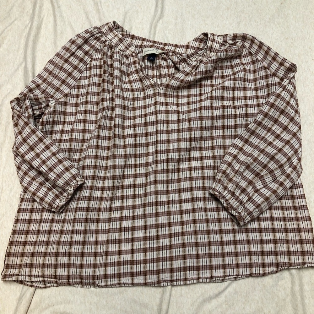 Universal Thread Plaid Cotagecore Peasant Blouse 100% Cotton Gathered Sleeve